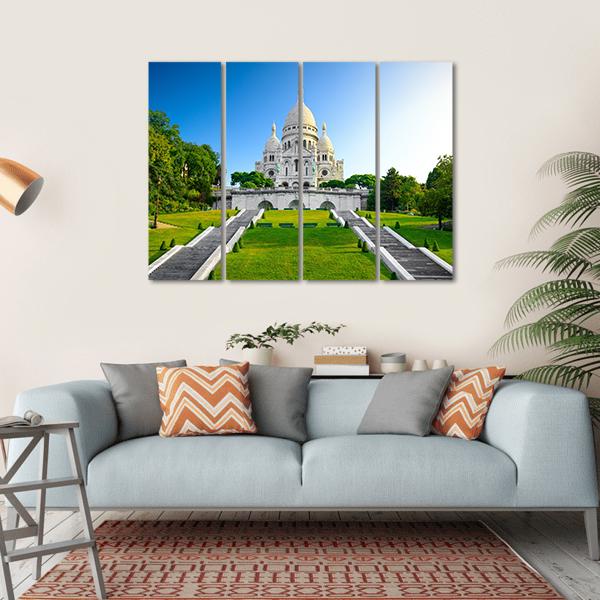 Sacré-cœur Basilica at Sunrise Canvas Wall Art in white, green and blue, single panel hung on a wall