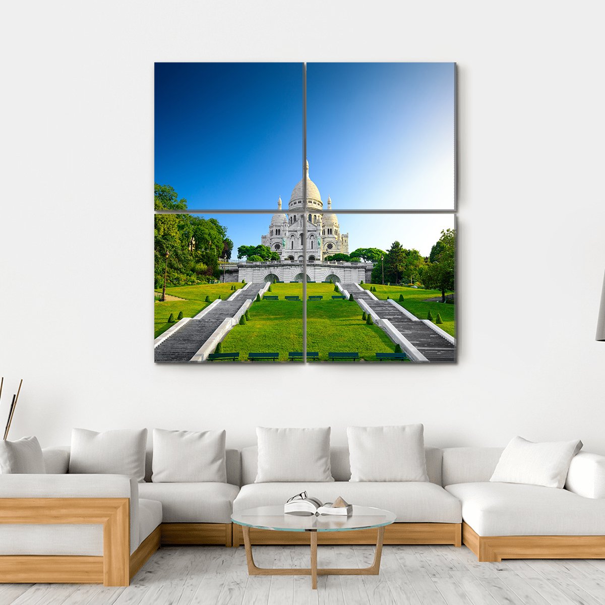 Sacré-cœur Basilica at Sunrise Canvas Wall Art in white, green and blue, single panel hung on a wall