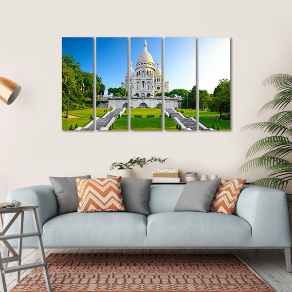 Sacré-cœur Basilica at Sunrise Canvas Wall Art in white, green and blue, single panel hung on a wall