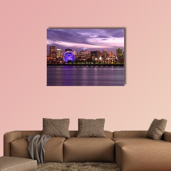 Montreal Skyline at Dusk Canvas Wall Art in black, blue and purple, single panel hung on a wall