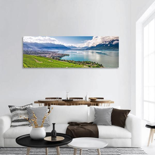 Montreux City With Swiss Alps Panoramic Canvas Wall Art-3 Piece-25" x 08"-Tiaracle