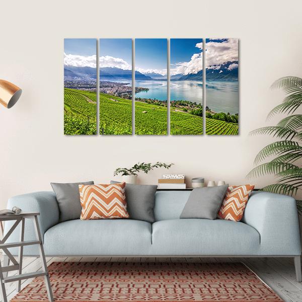 Montreux City With Swiss Alps Canvas Wall Art-5 Horizontal-Gallery Wrap-22" x 12"-Tiaracle