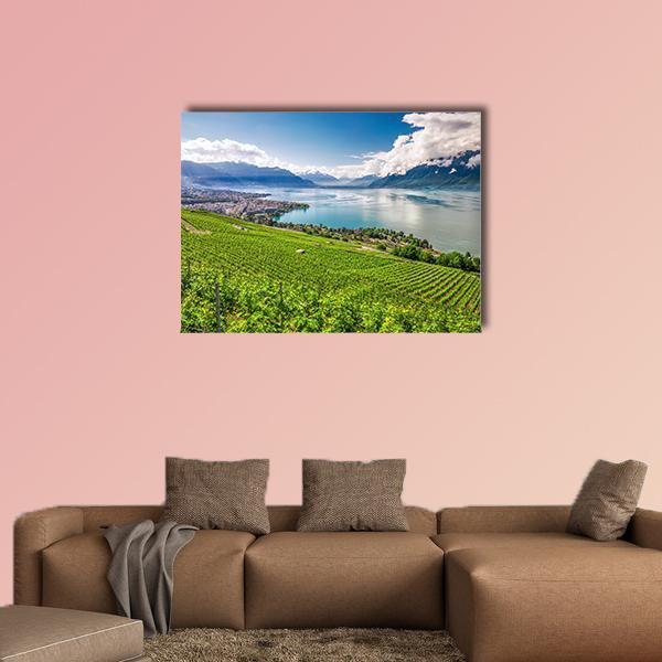 Montreux City With Swiss Alps Canvas Wall Art-1 Piece-Gallery Wrap-48" x 32"-Tiaracle