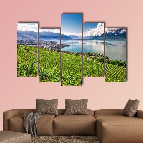 Montreux City With Swiss Alps Canvas Wall Art-5 Pop-Gallery Wrap-47" x 32"-Tiaracle