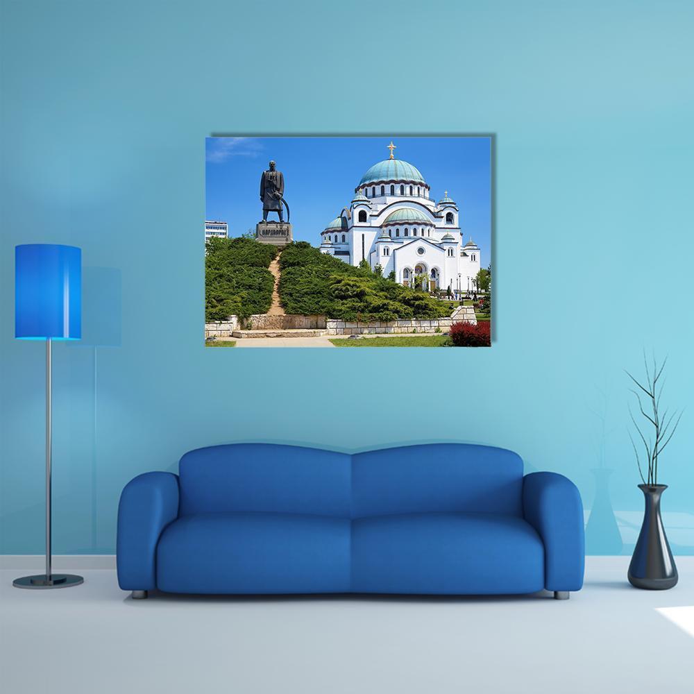 Temple of Saint Sava Canvas Wall Art in white, green and blue, single panel hung on a wall