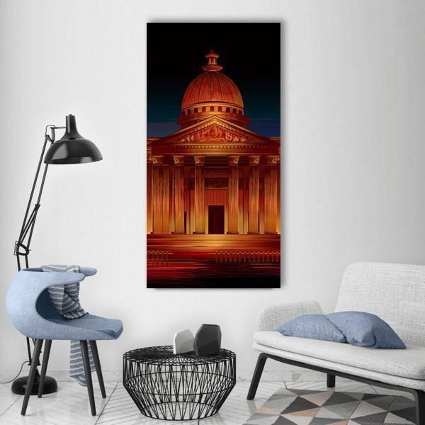 Illuminated Classical Dome at Night Vertical Canvas Wall Art in black, gold and orange, single vertical panel hung on a wall