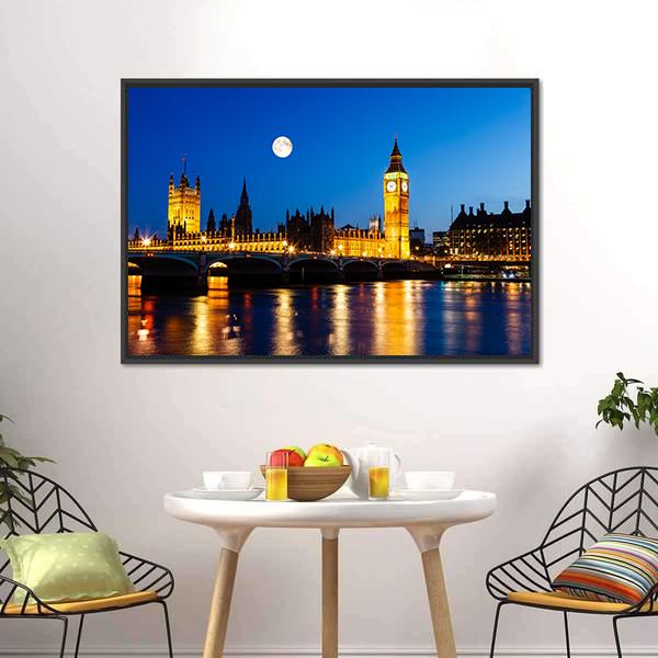 Moon Above Big Ben UK Canvas Wall Art-1 Piece-Floating Frame-36" x 24"-Tiaracle