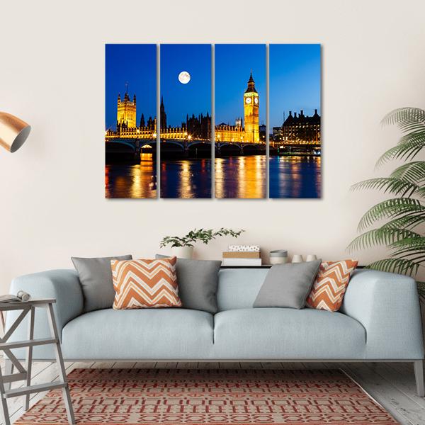 Moon Above Big Ben UK Canvas Wall Art-4 Horizontal-Gallery Wrap-34" x 24"-Tiaracle