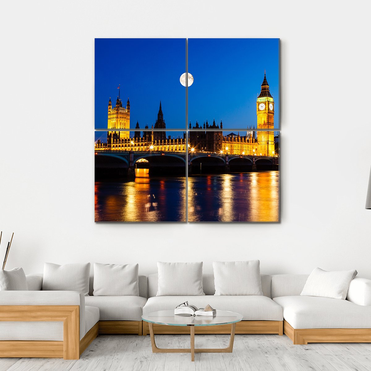 Moon Above Big Ben UK Canvas Wall Art-4 Square-Gallery Wrap-17" x 17"-Tiaracle
