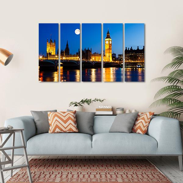 Moon Above Big Ben UK Canvas Wall Art-5 Horizontal-Gallery Wrap-22" x 12"-Tiaracle