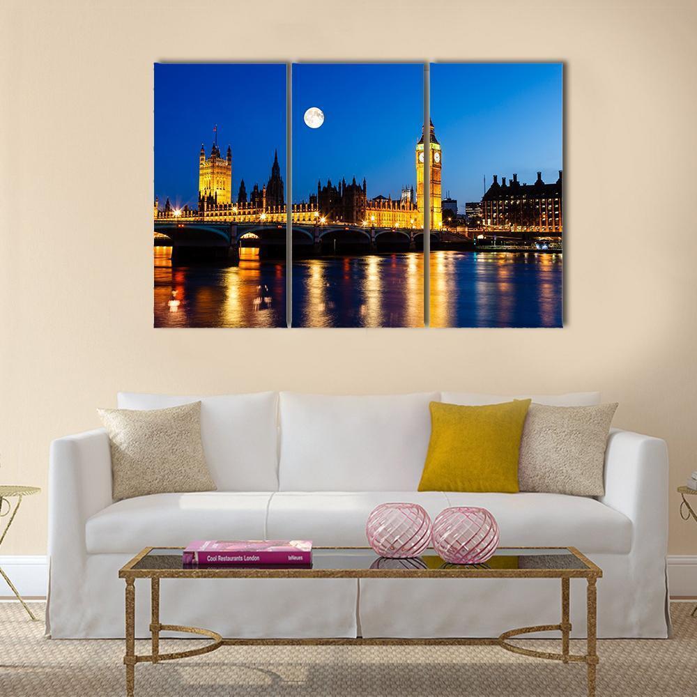 Moon Above Big Ben UK Canvas Wall Art-3 Horizontal-Gallery Wrap-37" x 24"-Tiaracle
