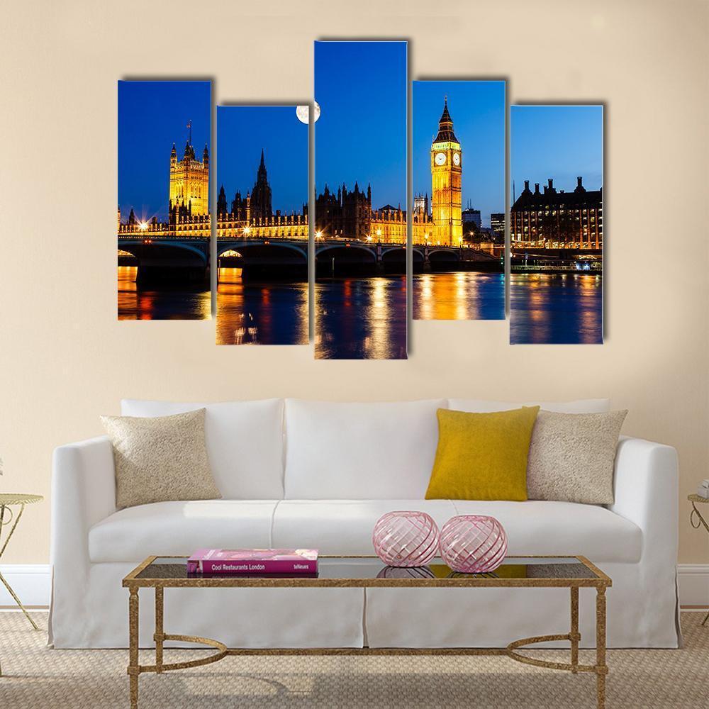 Moon Above Big Ben UK Canvas Wall Art-5 Pop-Gallery Wrap-47" x 32"-Tiaracle