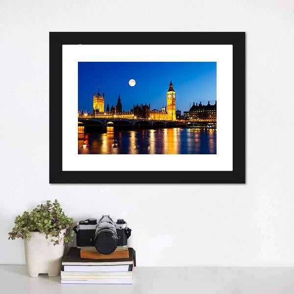 Moon Above Big Ben UK Panoramic Canvas Wall Art-1 Piece-36" x 12"-Tiaracle