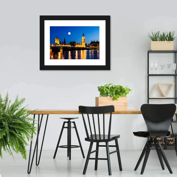 Moon Above Big Ben UK Panoramic Canvas Wall Art-1 Piece-36" x 12"-Tiaracle
