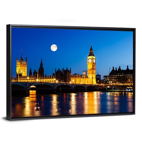 Moon Above Big Ben UK Panoramic Canvas Wall Art-1 Piece-36" x 12"-Tiaracle