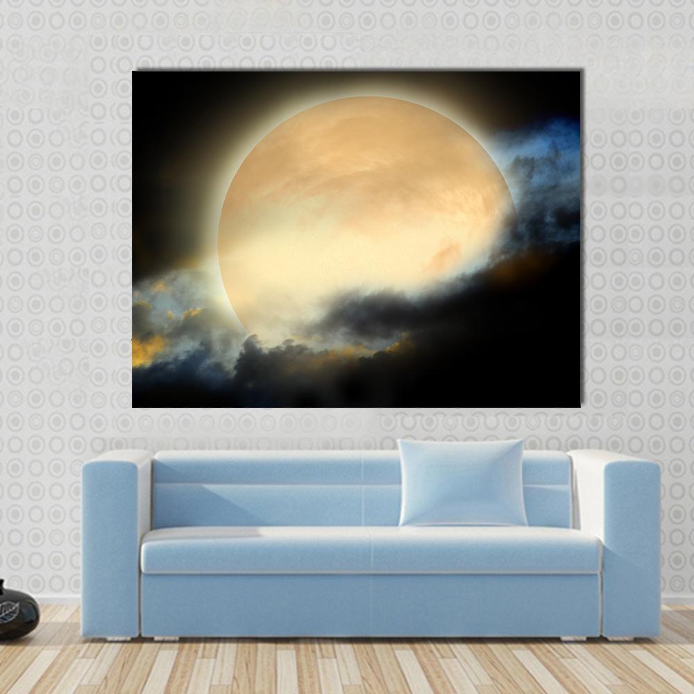 Moon at Night Canvas Wall Art in black, beige and yellow, single panel hung on a wall