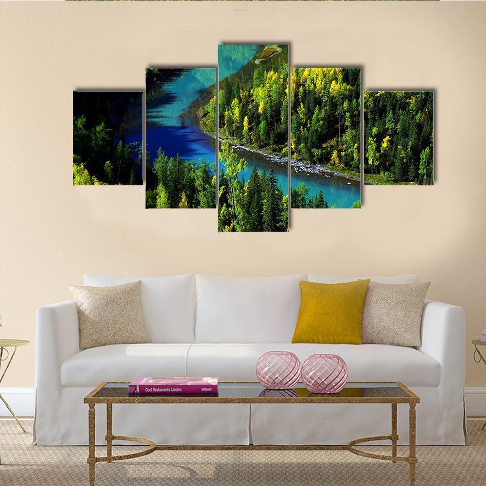 Kanak Lake Autumn River Landscape Canvas Wall Art in yellow, green and blue, 5 panel Star layout hung on a wall
