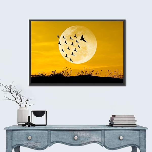 Moon &amp; Birds Silhouettes Canvas Wall Art-1 Piece-Floating Frame-24" x 16"-Tiaracle