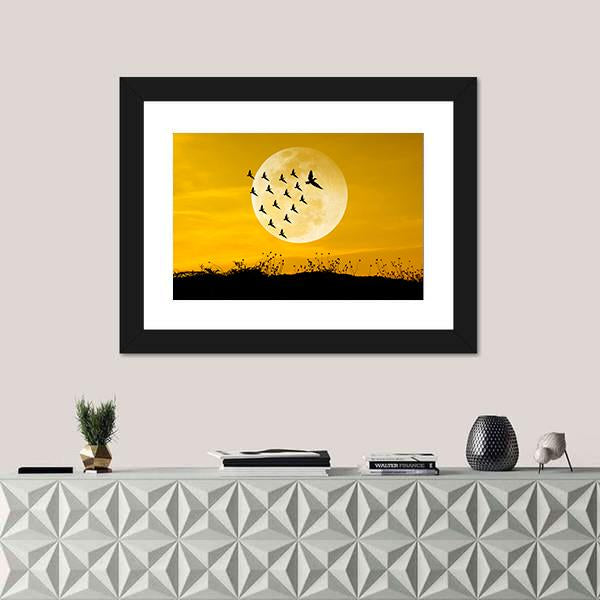 Moon &amp; Birds Silhouettes Canvas Wall Art-1 Piece-Framed Print-20" x 16"-Tiaracle