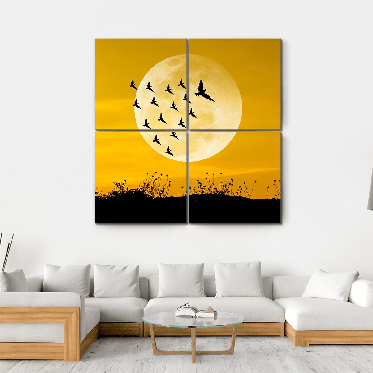 Moon & Birds Silhouettes Canvas Wall Art-4 Square-Gallery Wrap-17" x 17"-Tiaracle