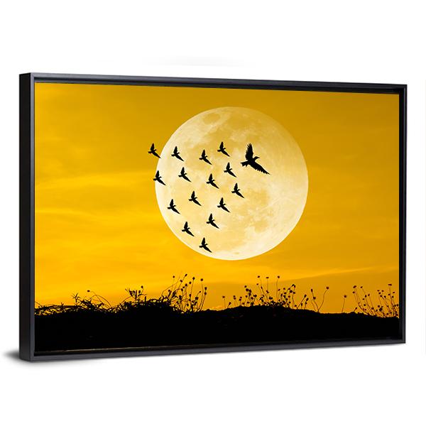 Moon &amp; Birds Silhouettes Canvas Wall Art-3 Horizontal-Gallery Wrap-25&quot; x 16&quot;-Tiaracle
