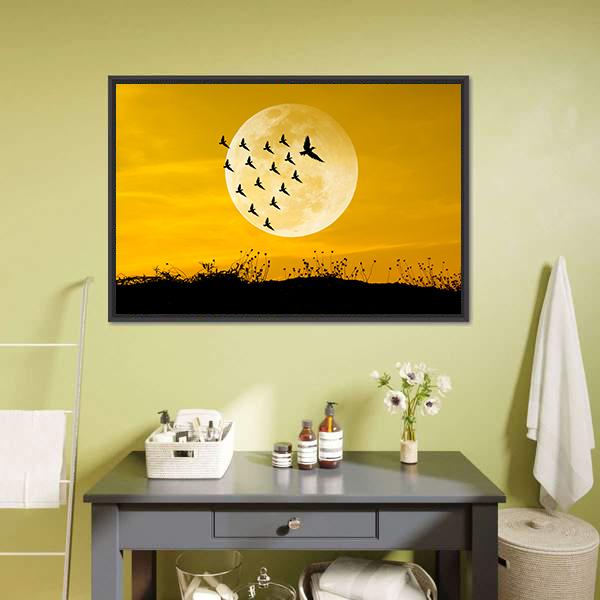 Moon and Birds Silhouettes Canvas Wall Art in black, white and yellow, framed canvas, product view on a white background