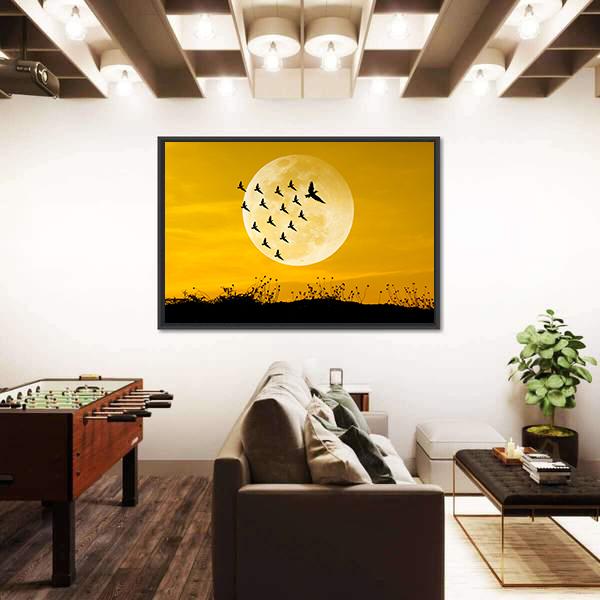 Moon &amp; Birds Silhouettes Canvas Wall Art-5 Horizontal-Gallery Wrap-22" x 12"-Tiaracle