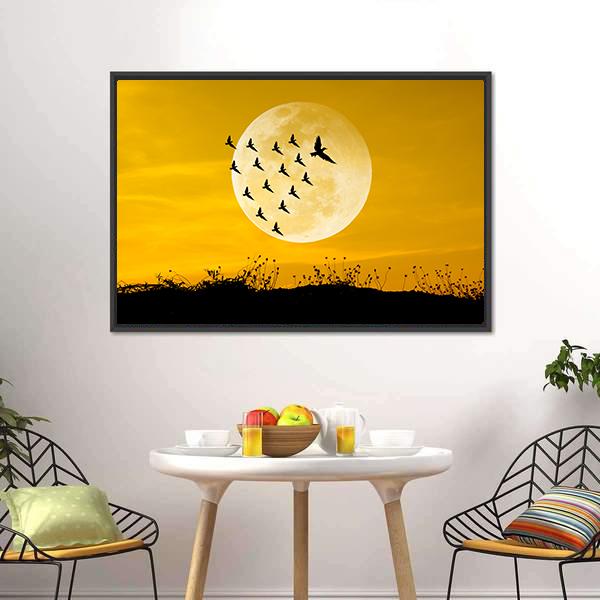 Moon &amp; Birds Silhouettes Canvas Wall Art-3 Horizontal-Gallery Wrap-25&quot; x 16&quot;-Tiaracle