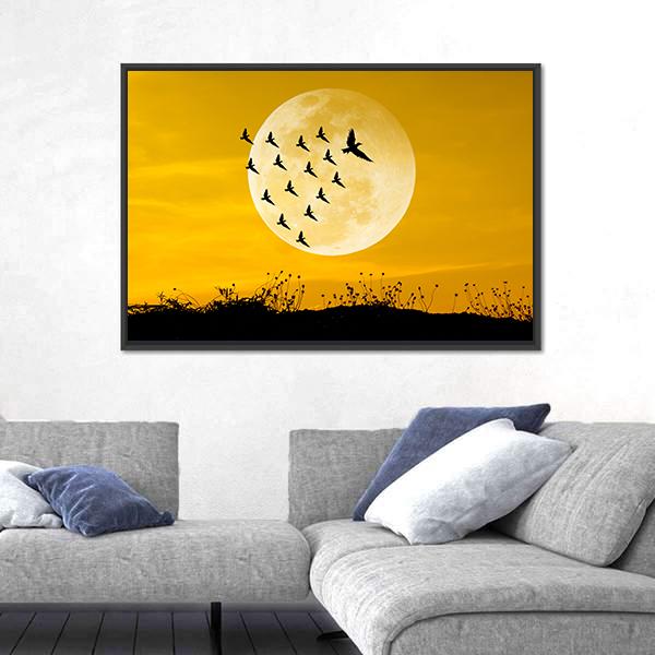 Moon &amp; Birds Silhouettes Canvas Wall Art-5 Horizontal-Gallery Wrap-22" x 12"-Tiaracle