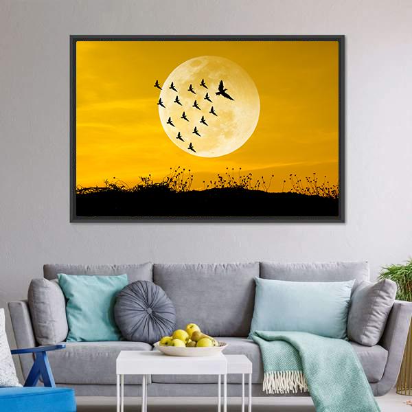 Moon & Birds Silhouettes Canvas Wall Art - Tiaracle