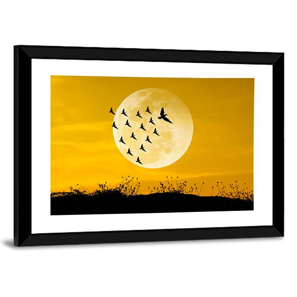 Moon &amp; Birds Silhouettes Canvas Wall Art-5 Horizontal-Gallery Wrap-22" x 12"-Tiaracle