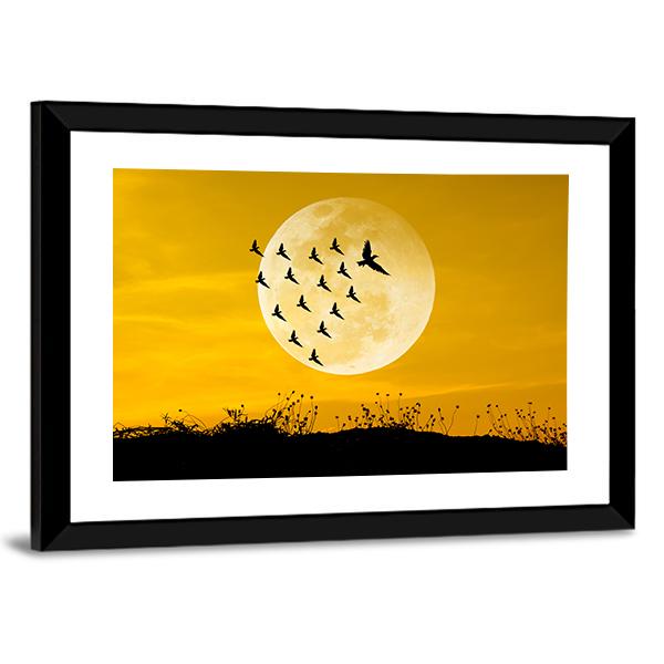 Moon & Birds Silhouettes Canvas Wall Art-3 Horizontal-Gallery Wrap-25" x 16"-Tiaracle
