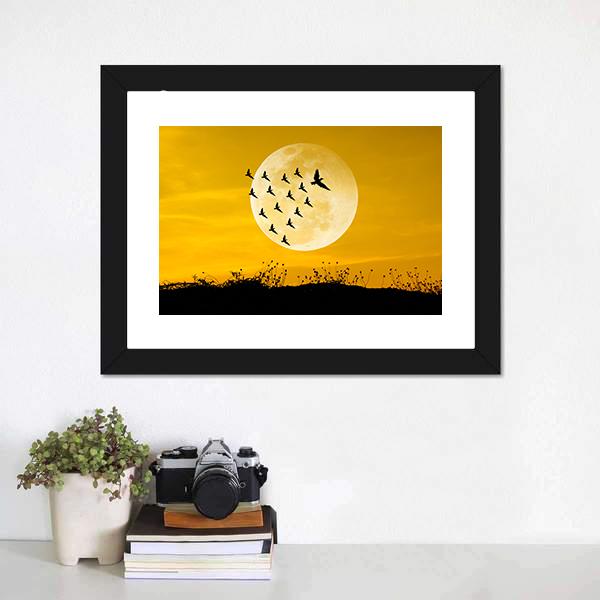 Moon &amp; Birds Silhouettes Canvas Wall Art-1 Piece-Framed Print-20&quot; x 16&quot;-Tiaracle