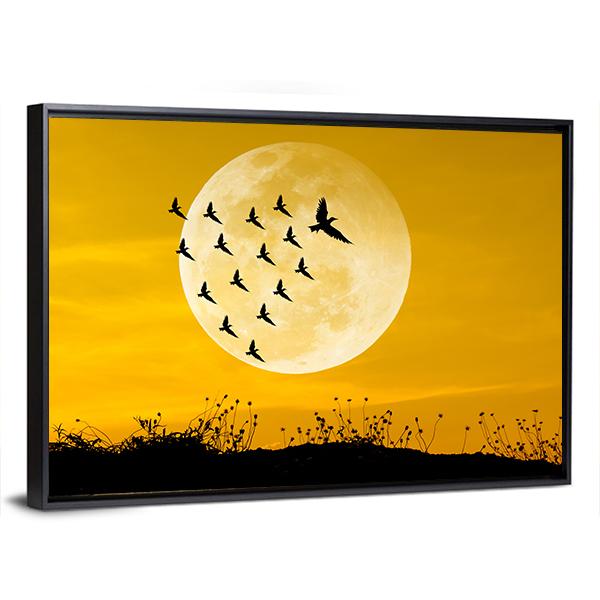 Moon &amp; Birds Silhouettes Canvas Wall Art-5 Horizontal-Gallery Wrap-22" x 12"-Tiaracle