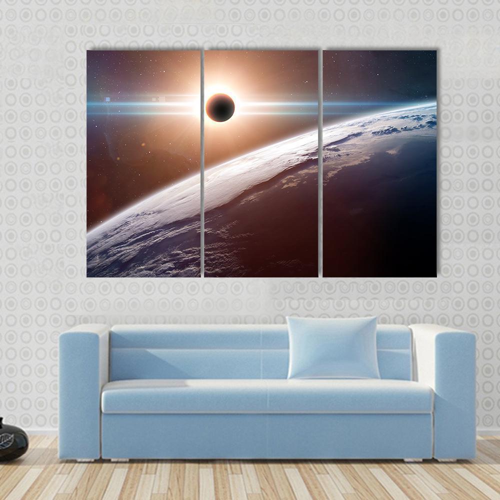 Moon Blocking SunLight On Planet Earth Canvas Wall Art-3 Horizontal-Gallery Wrap-37" x 24"-Tiaracle