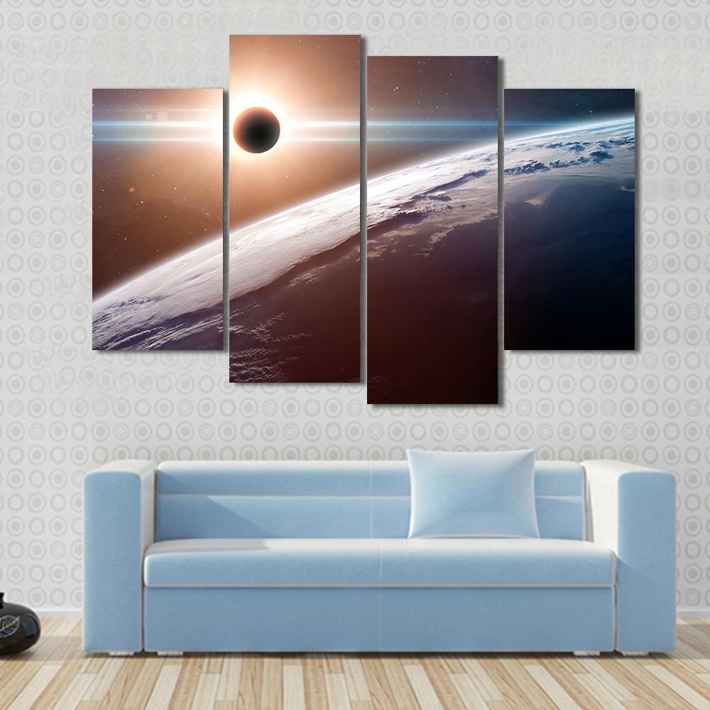 Moon Blocking SunLight On Planet Earth Canvas Wall Art-4 Pop-Gallery Wrap-50" x 32"-Tiaracle
