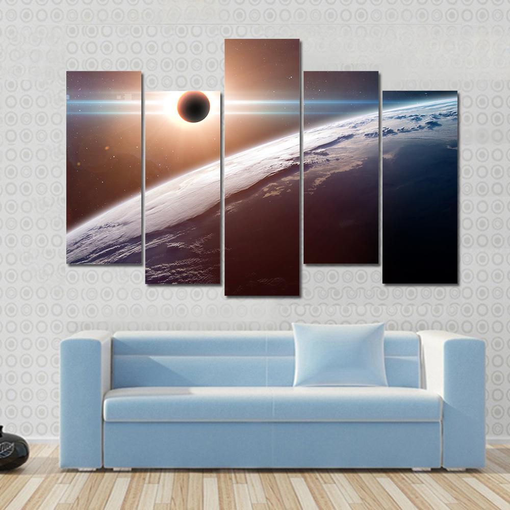 Moon Blocking SunLight On Planet Earth Canvas Wall Art-5 Pop-Gallery Wrap-47" x 32"-Tiaracle
