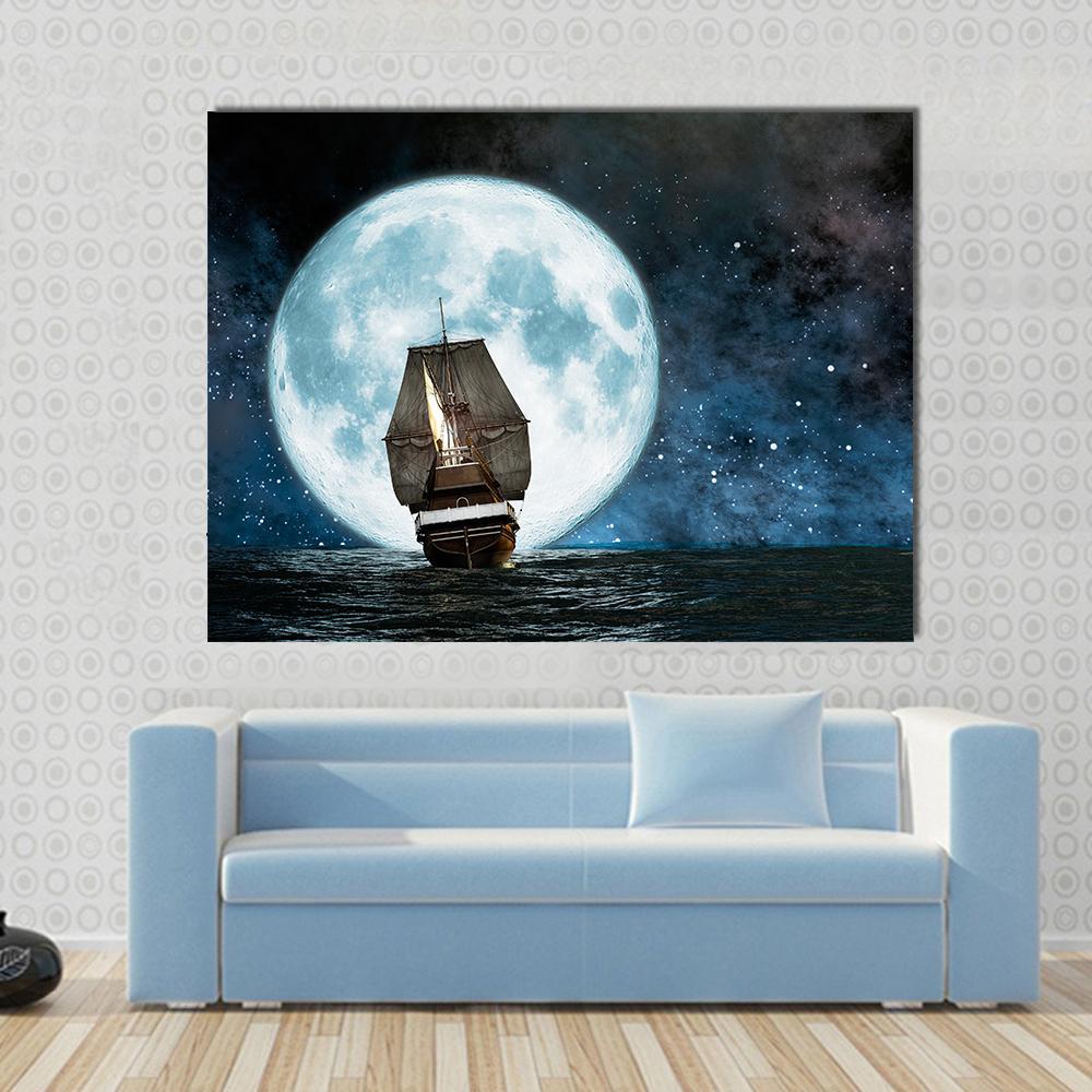 Boat in Full Moon Night Canvas Wall Art in black, white and blue, single panel hung on a wall