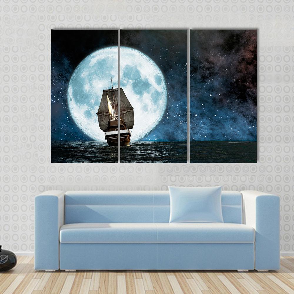 Boat In Full Moon Night Canvas Wall Art-3 Horizontal-Gallery Wrap-25" x 16"-Tiaracle