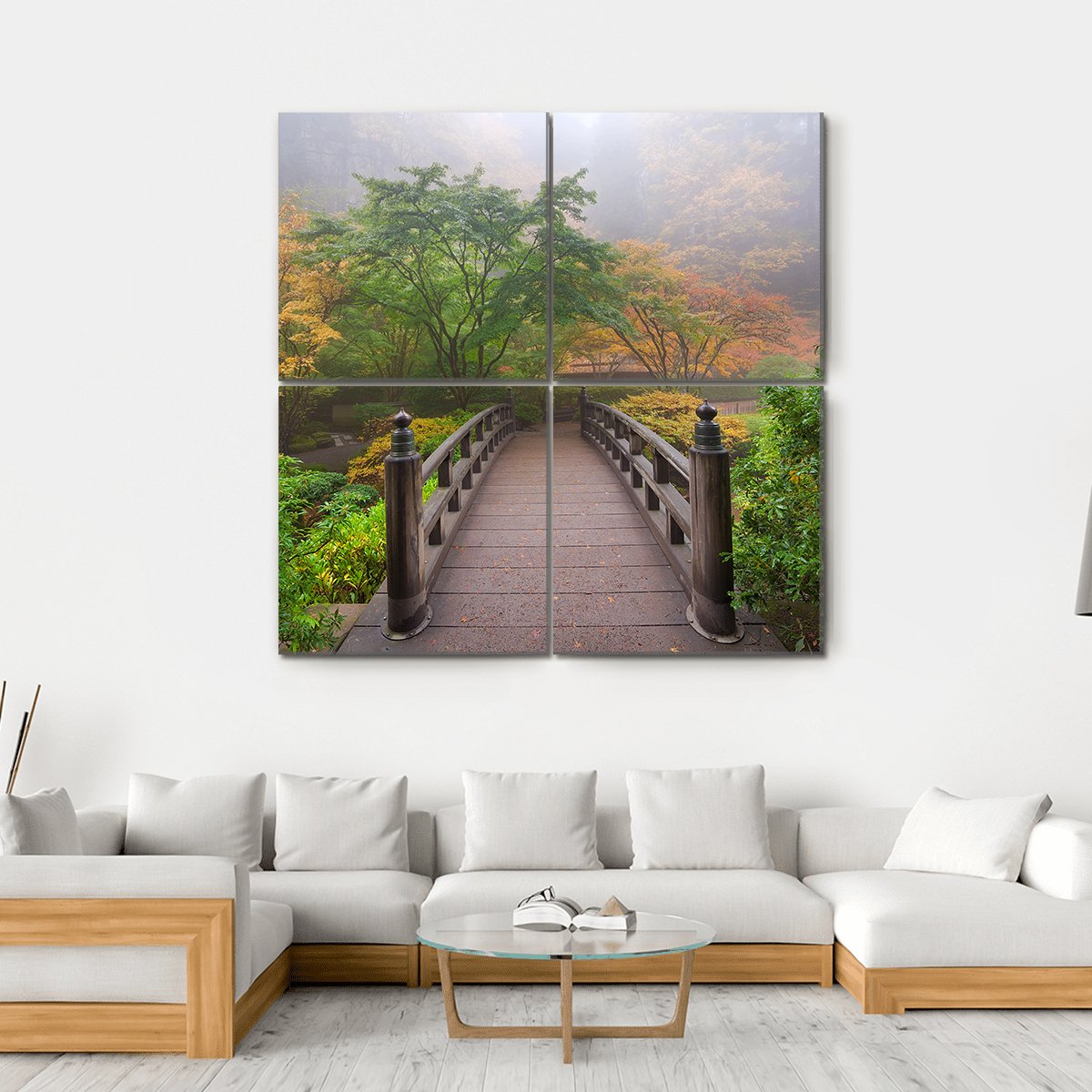 Autumn Moon Bridge Canvas Wall Art-4 Square-Gallery Wrap-17" x 17"-Tiaracle