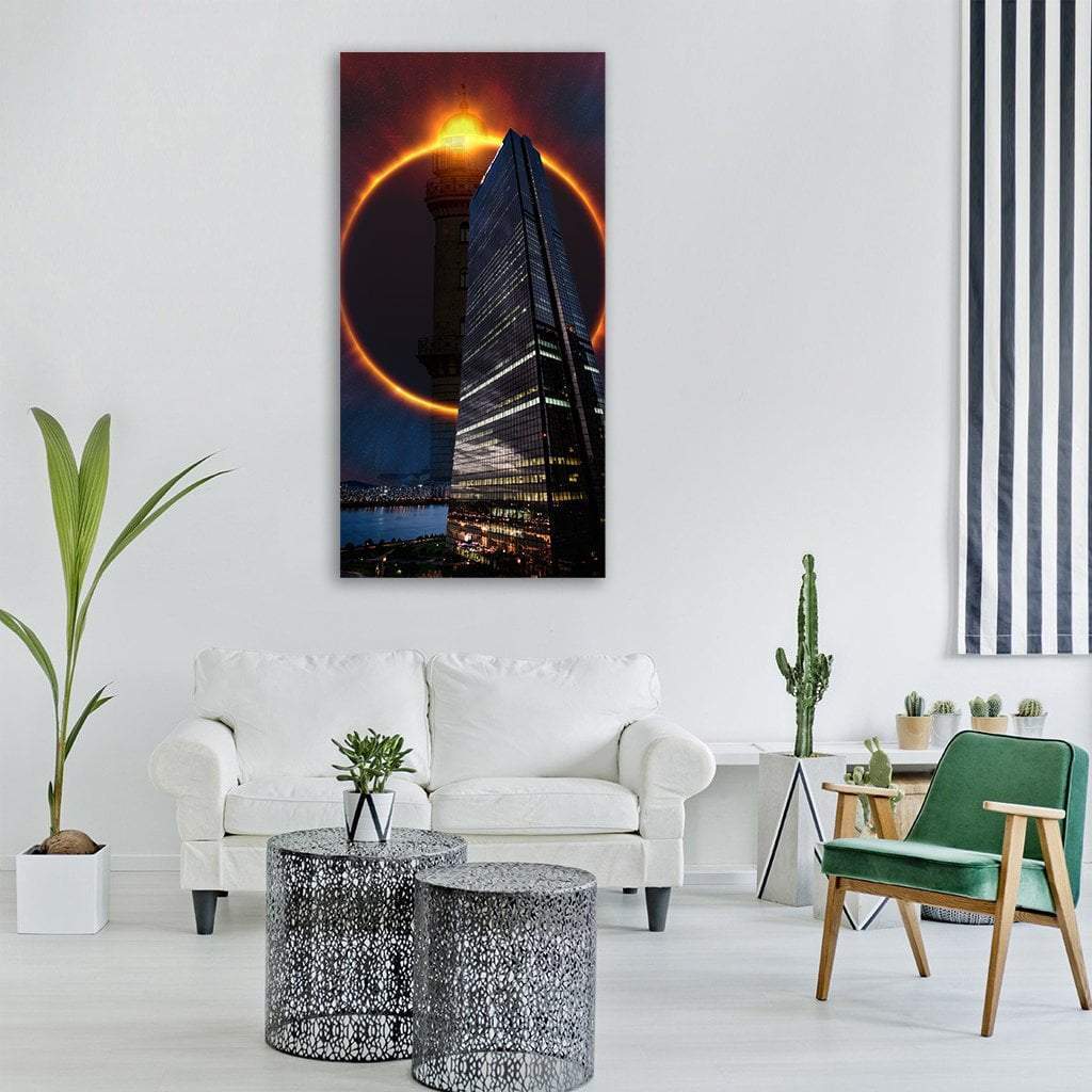 Solar Eclipse Over City Skyline Vertical Canvas Wall Art in black, gold and orange, single vertical panel hung on a wall