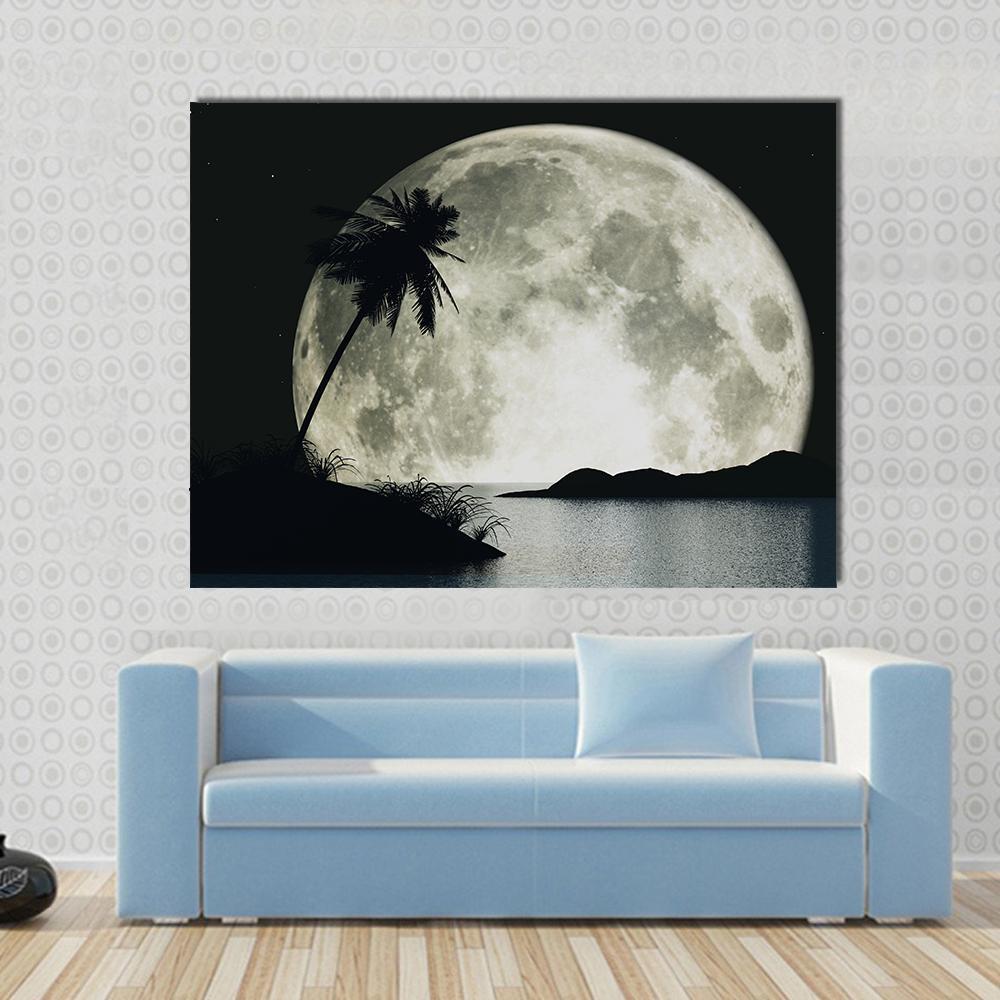 Moon Island With Palm Canvas Wall Art-1 Piece-Gallery Wrap-48" x 32"-Tiaracle