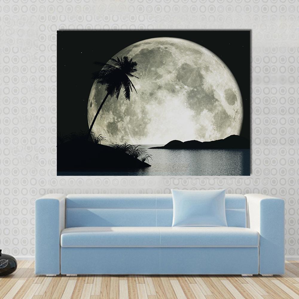 Moonlit Island with Palm Silhouette Canvas Wall Art in black, white and gray, single panel hung on a wall
