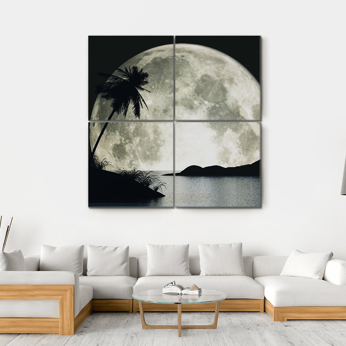 Moon Island With Palm Canvas Wall Art-4 Square-Gallery Wrap-17" x 17"-Tiaracle