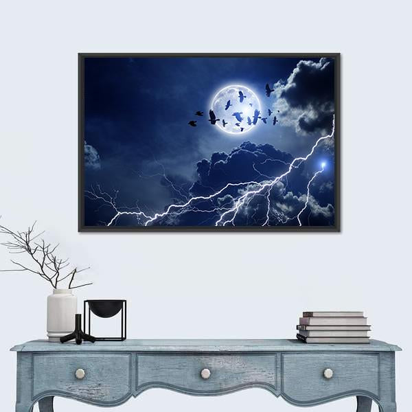 Moon Lightning &amp; Dark Clouds Canvas Wall Art-1 Piece-Floating Frame-24" x 16"-Tiaracle