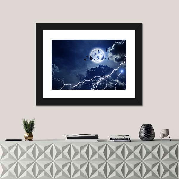 Moon Lightning &amp; Dark Clouds Canvas Wall Art-1 Piece-Framed Print-20" x 16"-Tiaracle