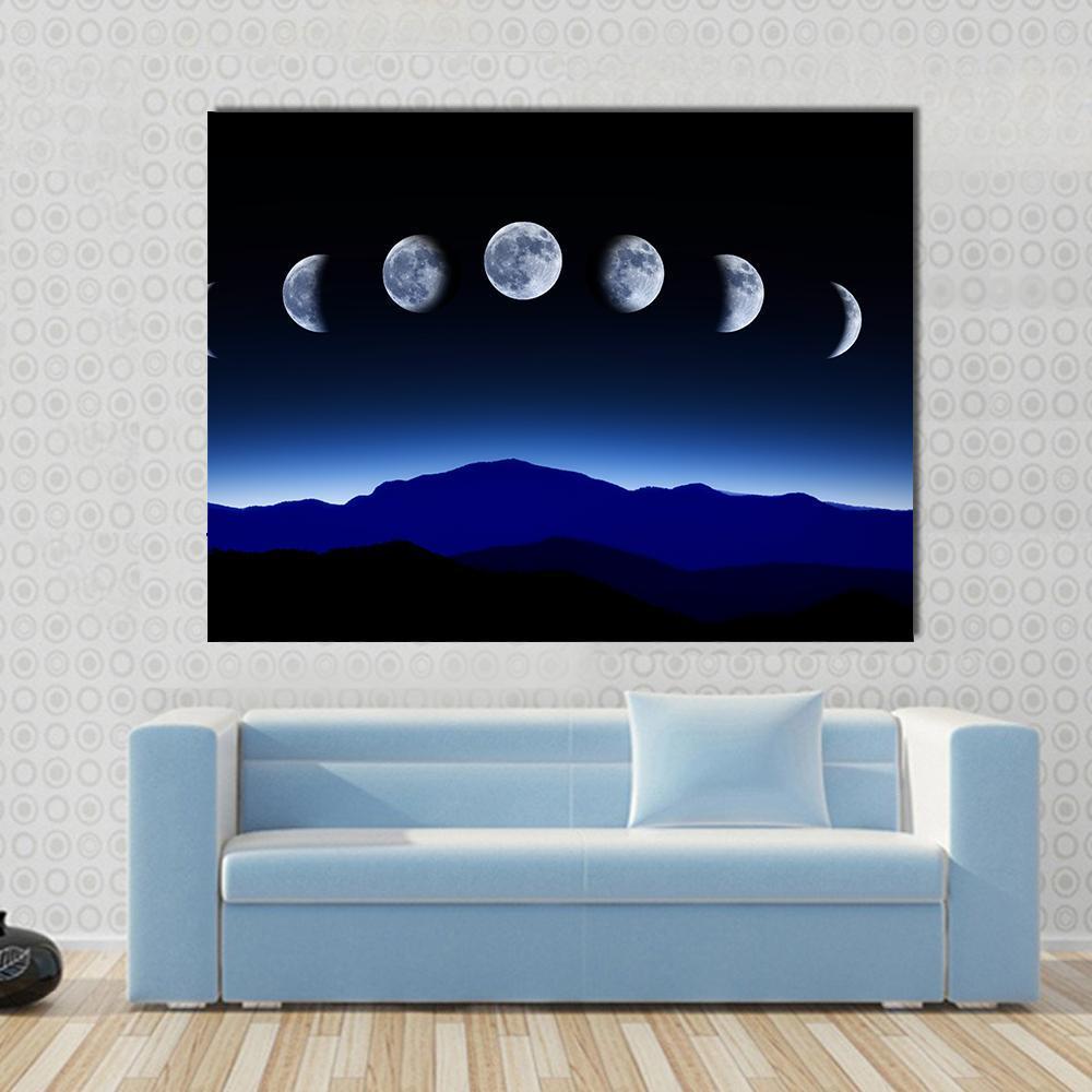 Moon Lunar Cycle Canvas Wall Art in black, white and blue, single panel hung on a wall