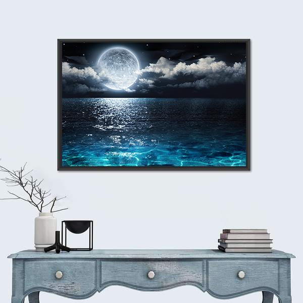 Moon On Sea At Night Canvas Wall Art-1 Piece-Floating Frame-24" x 16"-Tiaracle