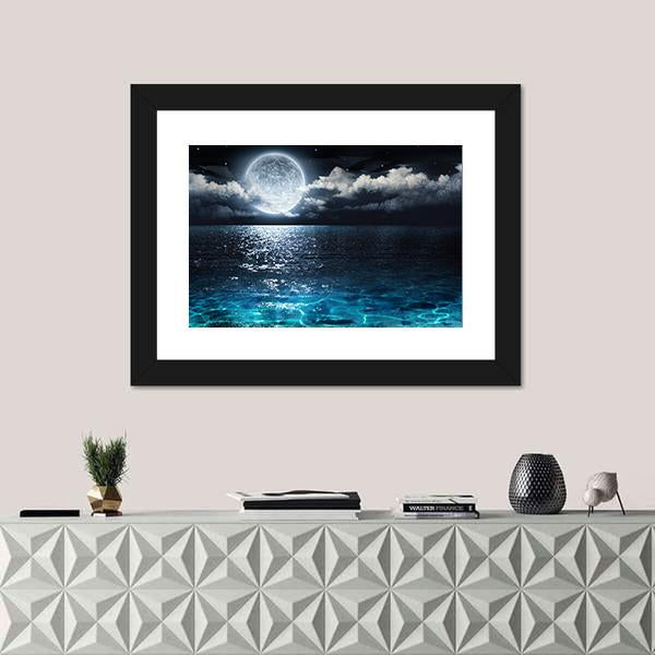 Moon On Sea At Night Canvas Wall Art-1 Piece-Framed Print-20" x 16"-Tiaracle