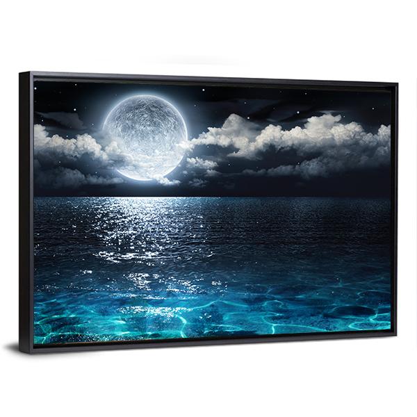 Moon On Sea At Night Canvas Wall Art-3 Horizontal-Gallery Wrap-25&quot; x 16&quot;-Tiaracle
